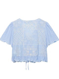 MQTIME  -  Women's Light Blue Embroidered Tie Front Blouse Elegant V Neck Puff Sleeve Ruffle Hem Top Ladies Daily Streetwear Shirt