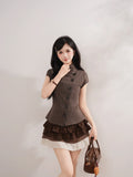  MQTIME  -  Vintage Preppy Stand Neck Short Sleeve Single Breasted Plaid Y2k Women Shirt