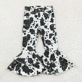 MQTIME  -  Baby Girls Denim Western Brown Cow Print Bell Bottom Kids Children Toddler Flared Pants Double Lace Pocket Jeans