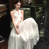 MQTIME  -  Summer Luxury Long Dresses Strapless Hanging Neck Party Dress Sleeveless Slim A-line Women White Mesh Dress