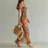 MQTIME  -  Boho Floral Maxi Dress Woman Sexy Square Collar Ruched Split Bodycon Long Dress New Summer Puff Sleeve Ruffle Party Dress
