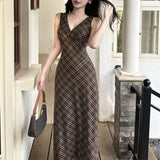 MQTIME  -  Women Dark Brown Plaid Mesh Maxi Dress Sleeveless V Neck Lace Trim Side Ruched Slim Bodycon Vintage Summer Waist Long Slip Dress