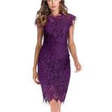 MQTIME  -  Lace Dress Ruffled Neck Slim Fit Party Dress Short Sleeve Hollow Out Elegant Wine Red Vestidos Femme Evening Robes