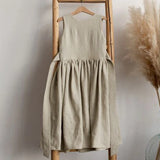 MQTIME  -  Vintage Cotton Linen Girls Sleeveless Dress Chic Open Back Buttons Bandage Bow Sweet Loose Wending Evening Party Dresses