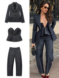  MQTIME  -  Women Denim Jacket Pants Sets Long Sleeve Blazer Coat Strapless Vests Straight Trousers Jeans Fashion High Street Outfit