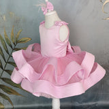 MQTIME Pink Flower Girl Dresses Satin Tulle Tiered With Bow Sleeveless For Wedding Birthday Party First Communion Gowns