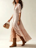 MQTIME  -  Women Long Sleeve Button Shirt Dress New Solid Down Ruffle High Low Hem Flowy Maxi Dress Casual Beach Vacation Boho A-Line Dress
