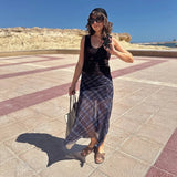 MQTIME  -  Vintage Preppy Plaid Skirt Sheer Chiffon Asymmetric Hem Midi Skirts Women Y2k Aesthetic Chic Female Retro Stylish Street Outfits