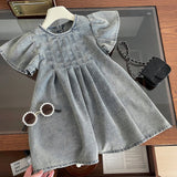 MQTIME  -  Korean Style Summer Girl's Denim Dresses 2-8Y Kid's Short Flare Sleeve Pleated Soft Denim Dress Children's Clothing