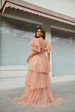 Mqtime Pink Photography Maternity Dress Puffy Tulle Party Gowns Ruffles Tiered Pregnant Woman Photo Shoot Robe Real Pictures Custom