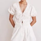 MQTIME  -  Summer Cotton Cut-out Stitching Design Sense Set Women's Summer New V-neck Short Sleeve Lace-up Top Shorts Two-piece Set