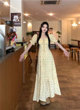 MQTIME  -  Women Dresses Floral Printed Puff Short Sleeve Bandage Summer Fashion Ruffles Square Collar Sweet Elegant Dress Female