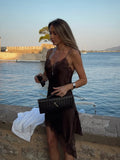  MQTIME  - Irregular Lace Stitching Mini Dress Women Satin Off Shoulder Sleeveless See Through Short Dresses Sexy Casual Summer Party Gown