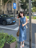 MQTIME  -  Summer Long denim Dress Women's Korean V-neck Sleeveless Stripe Printed High Waist A-line Dress