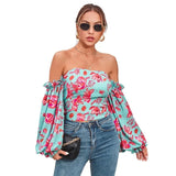 MQTIME  -  Women's sexy printed one-shoulder  autumn new long-sleeved temperament self-cultivation puff sleeve casual top women