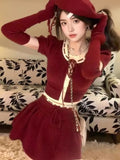 Mqtime Y2K Two-Piece Knitwear Suit Women Single Breasted Long Sleeve Cropped Top High Waist Mini Skirt Korean Fashion Knitted Outfits