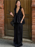 MQTIME  -  Fashion Solid Elastic Waist Wide Leg Loose Pants Suit Women Sleeveless Off Shoulder Ruffles Deep V-neck Top Sets New Street Wear