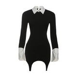 ﻿ MQTIME  -  Lapel Patchwork Dress Women Office Style Irregular Hem Hollow Short Tassel Single Buckle Skinny Fashion Mini Bodycon