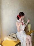 MQTIME  -  Lace patchwork V-neck sleeveless dress women in summer slim fit floral long dress split waist sweet and spicy hip hugging skirt