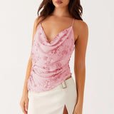 MQTIME  -  Women Summer Flower Embellished Sequin Beading Camisole Top Cowl Neck Thin Straps Open Back Asymmetrical Hem Vest