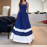 Mqtime Sexy Slim Party Dresses Spring Summer Women Strap Square Collar Blue Long Dress 2024 Elegant Patchwork Contrast Color Maxi Dress