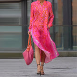 MQTIME  -  Sexy Leopard Printed Long Sleeve Vestidos Dress Fashion Stand Collar Loose Commute Robes Elegant Lady Pocket Side Split Dresses