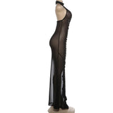 MQTIME  -  Ruched Patchwork See Through Mesh A-line Maxi Dress Women Sexy Halter Backless Bodycon Night Clubwear Party Long Robe Beachwear