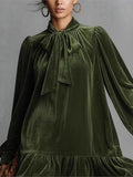  MQTIME  -  Spring Autumn Long Sleeve Elegant Velvet Bow Mini Dress Women's Clothing Casual Party Work Evening Office Lady Dresses
