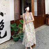 MQTIME  -  Summer New Women's Flowing Purple Floral Lace Halter Dress Midi Skirt Chiffon Dress Sleeveless Gown Mid-Length Knee-High