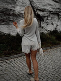 MQTIME  -  Lace Trim Women Short Suit Round Neck Sheer Layers Knitted Top Solid Elastic Waist Shorts Beach Vacation Daily Suits For Ladies