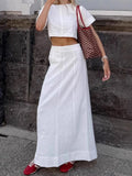 MQTIME  -  Women's Top Suit Solid Cotton Lined O-neck Short Sleeve Cropped Tops Loose Elastic Waist Midi Skirts Female Outfits Lady Outwear