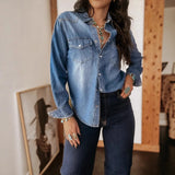 MQTIME  -  Vintage Denim Shirt Street Oversize Washed Denim Shirt Turn Down Collar Denim Shirt Longline Sleeve Female Jean Blouse