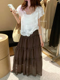  MQTIME  -  Summer Vacation Vintage Embroidery Crochet Solid V Neck Short Sleeve Women Blouse
