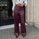 MQTIME  -  Button Red Wine Straight Pants Women High Waist Zipper Fly PU Leather Spring Summer Elegant Solid Color Slim Trousers