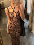 MQTIME  -  Leopard Halter Maxi Dress Bodycon Elegant Skinny Midi Long Dresses Ladies Women fairycore y2k 00s grunge sexy party club Holiday