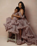 MQTIME  -  Dusty Pink Ruffled Tulle Maternity Dress Mom and Daughter Photoshoot Gown Corset Back Pregnancy Photography Dresses