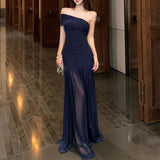 MQTIME  -  Mesh Navy Glitter Off Shoulder Mermaid Maxi Dress Women Ruched Bodycon Summer Sheer Elegant Slash Neck Long Evening Party Gown