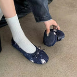 MQTIME  -  Comfort Leather Slip on Flats Cartoon Blue Print Bow Knot Detail Classic Mary Jane Ballet Shoes Outdoor Casual Dress Footwear