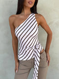 MQTIME  -  Striped One Shoulder Tops Women Casual Sleeveless Tie Waist Slim Fit Asymmetric Short Blouses Lady Chic Daily Street Wear