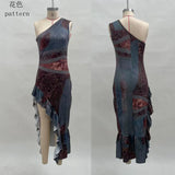 MQTIME  -  Women One Shoulder Bohemian Print Maxi Dress Asymmetrical Ruffle High Slit Bodycon Party Vacation Long Dress