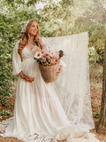  MQTIME  -  Maternity Photoshoot Outfit V-Neck Long-Sleeved Sexy Wrap Top Side-Slit Long Skirt Set Pregnant Woman For Baby Shower