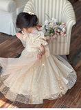 MQTIME  -  Girls Princess Long Dress Fashion Bow Sequin Puff Sleeve Tutu High End Formal Party Gown Ball New Style Children Evening Dress