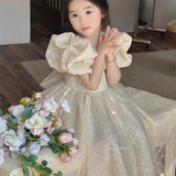 MQTIME  -  Girls Princess Long Dress Fashion Bow Sequin Puff Sleeve Tutu High End Formal Party Gown Ball New Style Children Evening Dress