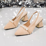 MQTIME  -  Luxury Pearl Chain Suede Slingback Pumps Women Summer Elegant Pointed Toe High Heel Pumps Plus Size Women Party Dress Shoes