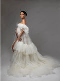 Mqtime Gorgeous Off White Bridal Photography Dresses Maternity Gowns for Photoshoot Tiered Tulle Fluffy Maternity Dress Babyshower Robe