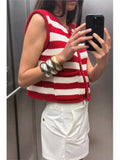 MQTIME  -  Striped Knit Waistcoat Women Summer Casual Sleeveless Women's Tank Top With Button European Style Female Chic Tops