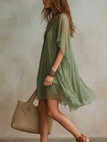  MQTIME  -  Spring Sexy Deep V Neck Loose Mini Dress Women Elegant Solid Ruffle A-Line Party Dress Summer Short Sleeve Mesh Party Dress