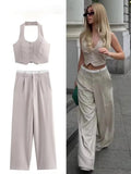  MQTIME  -  Women Fashion Solid Vest Pant Suit Single Breasted Halter Cropped Vests Top High Waist Patchwork Trouser Office Lady Sets