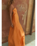 MQTIME  -  Fashion Lady Elegant Sling Maxi Dresses Solid Sleeveless Backless V Neck Slim Fit Long Satin Gowns New Evening Party Robes