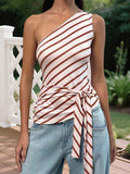 MQTIME  -  Women s Striped One Shoulder Tank Top with Tie-Up Waist and Sleeveless Design - Chic Streetwear Aesthetic Vest for Casual Wear